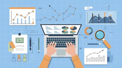 Web analytics and digital marketing. Top view of business man using laptop. Blue graphs and icons.