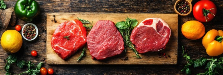 Leinwandbilder - Fresh cuts of premium beef displayed on a wooden board alongside vegetables and spices in a rustic kitchen setting. Generative AI