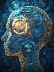Aufkleber - Human head silhouette filled with intricate gears and cogs to symbolize the essence of artificial intelligence and innovation. Generative AI