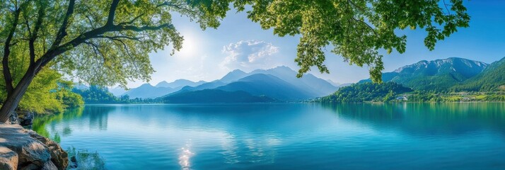 Leinwandbilder - Tranquil lake view with mountains and clear sky under sunlight surrounded by lush greenery. Generative AI