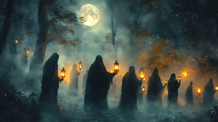 Wall Mural - A procession of hooded figures holding glowing lanterns in a misty forest under a full moon, creating a mystical and eerie atmosphere. Ghostly Procession Under the Moon. Illustration