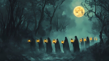Wall Mural - A procession of hooded figures holding glowing lanterns in a misty forest under a full moon, creating a mystical and eerie atmosphere. Ghostly Procession Under the Moon. Illustration