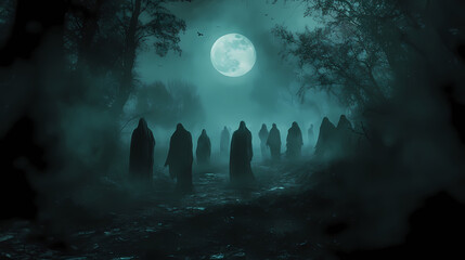 Wall Mural - Eerie ghostly figures emerge in a dark, misty forest under the light of a full moon, creating a chilling atmosphere. Ghostly Procession Under the Moon. Illustration