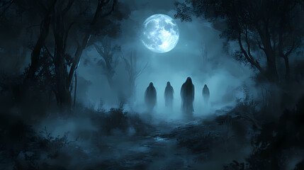 Wall Mural - Eerie ghostly figures emerge in a dark, misty forest under the light of a full moon, creating a chilling atmosphere. Ghostly Procession Under the Moon. Illustration