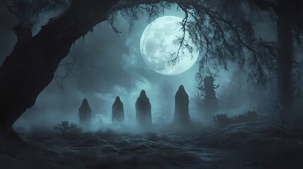 Wall Mural - Eerie ghostly figures emerge in a dark, misty forest under the light of a full moon, creating a chilling atmosphere. Ghostly Procession Under the Moon. Illustration