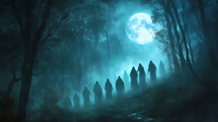 Wall Mural - Eerie ghostly figures emerge in a dark, misty forest under the light of a full moon, creating a chilling atmosphere. Ghostly Procession Under the Moon. Illustration