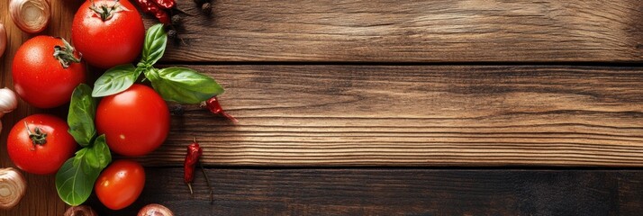 Poster - Fresh tomatoes and herbs arranged on a rustic wooden table for culinary preparation. Generative AI