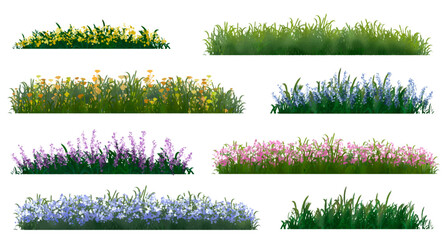 Wall Mural - set of grass, vertor set of spring blossom tree,blooming plants side view for landscape elevation an