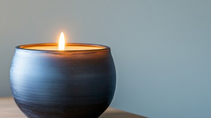 Wall Mural - A serene candle burning softly in a minimalist setting, casting a warm glow on a wooden surface