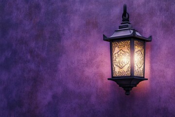 Poster - A Decorative Wall Lantern Provides Warm Light On A Purple Wall