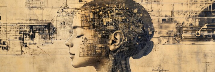 Leinwandbilder - Human head outline filled with schematic images representing artificial intelligence mechanisms and concepts. Generative AI