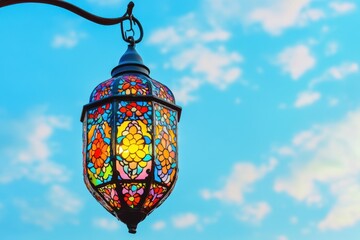 Sticker - A Colorful Stained Glass Lantern Hanging Against a Blue Sky