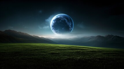 large blue moon is in the sky above a grassy field