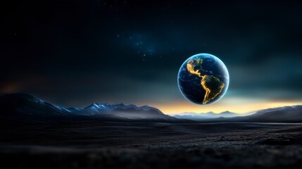 Wall Mural - planet is floating in space above a mountain range