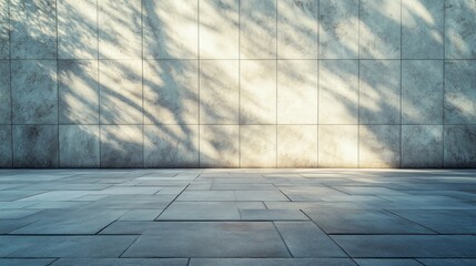 Fototapete - A vast, empty plaza with smooth stone tiles reflects the gentle glow of sunlight. Shadows dance across the surface, evoking a peaceful ambiance, ideal for quiet reflection or leisurely strolls