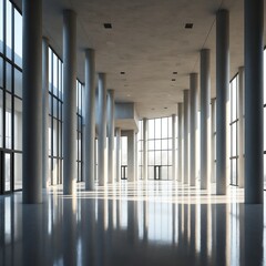 Poster - Modern Huge Concrete Material Empty Hall With Many Columns And Big White Glowing Windows