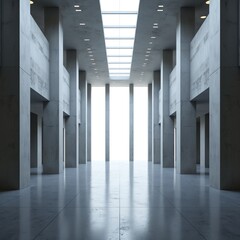 Poster - Modern Huge Concrete Material Empty Hall With Many Columns And Big White Glowing Windows