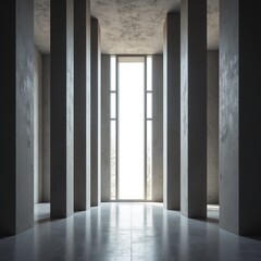 Poster - Modern Huge Concrete Material Empty Hall With Many Columns And Big White Glowing Windows