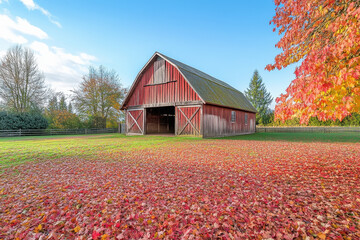 Rustic barn surrounded by autumn leaves, nostalgia