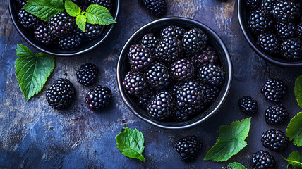 Wall Mural - Fresh Blackberries in a Bowl on Dark Rustic Background