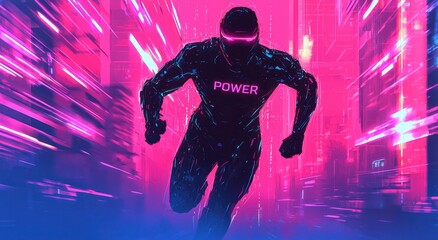 Poster - Futuristic Running Hero with Neon Lights and Dynamic Background