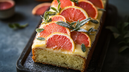 Wall Mural - Citrus Loaf Cake with Pink Grapefruit Slices and Floral Garnish