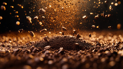 Wall Mural - Luxury Coffee Beans and Chocolate Pieces in a Golden Dust Explosion