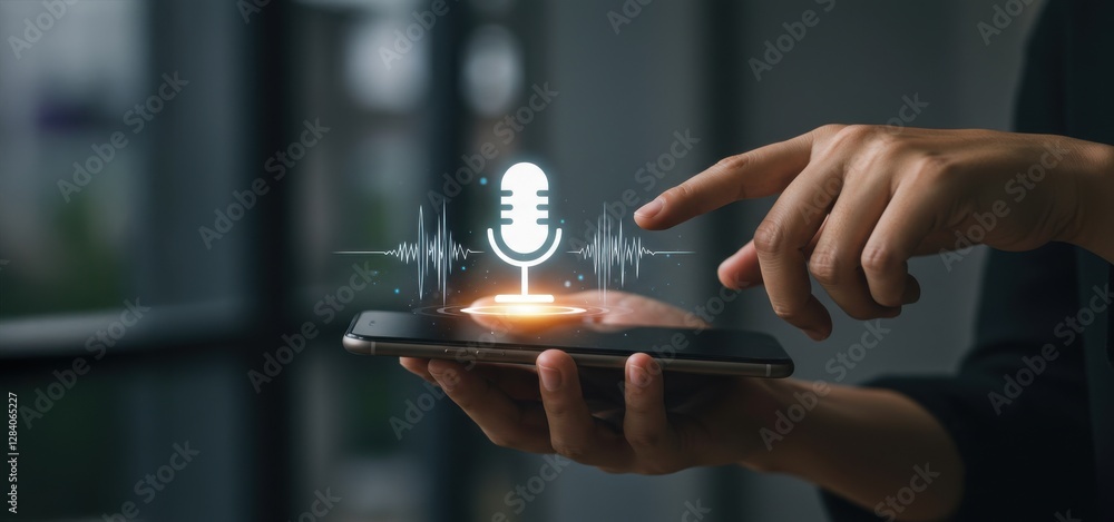 Hand using mobile voice command virtual assistant smart AI technology ...