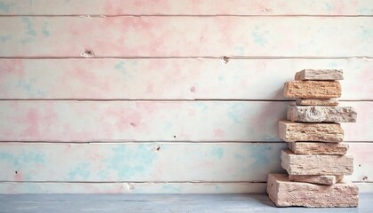 Wall Mural - Stacked Stone Bricks Against Weathered Wood Planks With Pastel Hues Concept. Perfect For Product Mockups, Textural Backgrounds, And Vintage Inspired Designs.  Suitable For Interior Design And