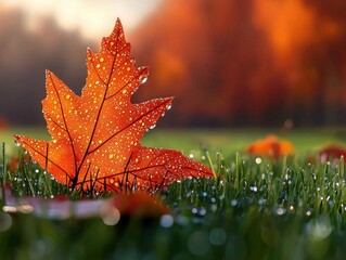 Wall Mural - Close-up of Dewy Orange Maple Leaf on Fresh Green Grass