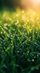 Wall Mural - Dew-covered Grass Glistens Under Sunlight in a Serene Outdoor Setting During Early Morning