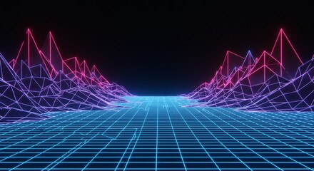 Wall Mural - Vibrant Neon Landscape With Glowing Grid Perspective Ideal For Futuristic Tech Concept. Abstract Digital Background With Sci Fi Synthwave Aesthetic And Geometric Shapes Using Perspective And Grid