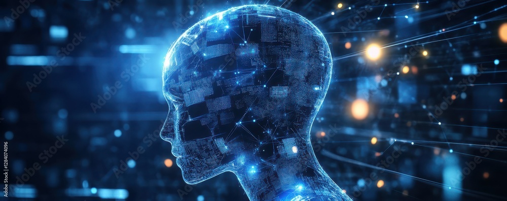 Futuristic digital human head in profile with blue light and circuit ...