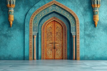 Poster - An ornate golden door is centered in a teal colored wall