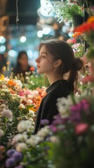 Canvas Print - Young Woman Admiring Colorful Flowers at a Blooming Market in the Evening