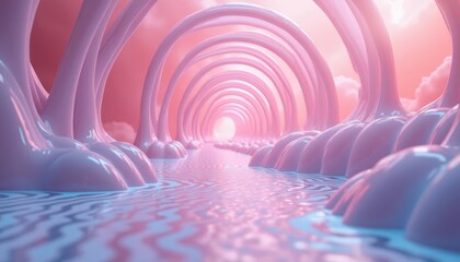 Wall Mural - Dreamlike Pink Tunnel With Glossy Arches And Reflective Water Concept For Serenity And Flow in the Pathway of a Surreal Landscape with Smooth Organic Curves And Flowing Liquid Textures. A Calm