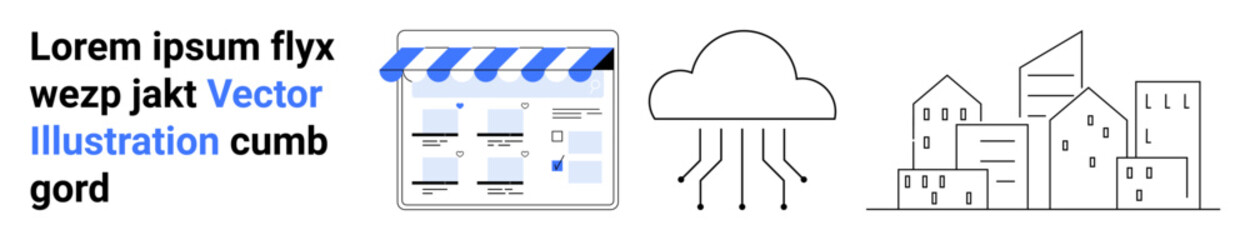 Website layout, cloud computing with data links, and cityscape. Ideal for technology integration, data storage, urban planning, web development, digital services, smart cities cloud infrastructure