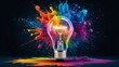 © Mia - Colorful paint explodes around glowing light bulb. Creative bursts of colour, light. Innovative idea concept. Artistic, modern abstract design. Bright energy, inspiration. Vibrant explosion of color