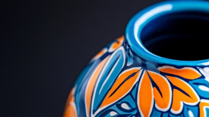 Wall Mural - Close-up of a beautifully decorated ceramic vase with vibrant blue and orange floral patterns