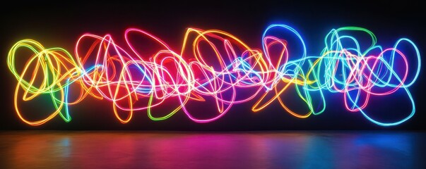 Wall Mural - vibrant neon light painting with multicolored streaks on dark background