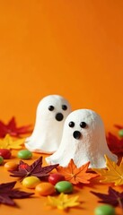 Wall Mural - White marshmallow ghosts peeking from an orange background filled with candy and autumn leaves, festive, leaves, sweet