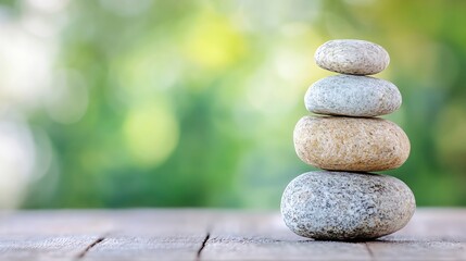 Poster - Zen stone stack symbolizing balance and tranquility on a rustic wooden table against a blurred green background : Generative AI