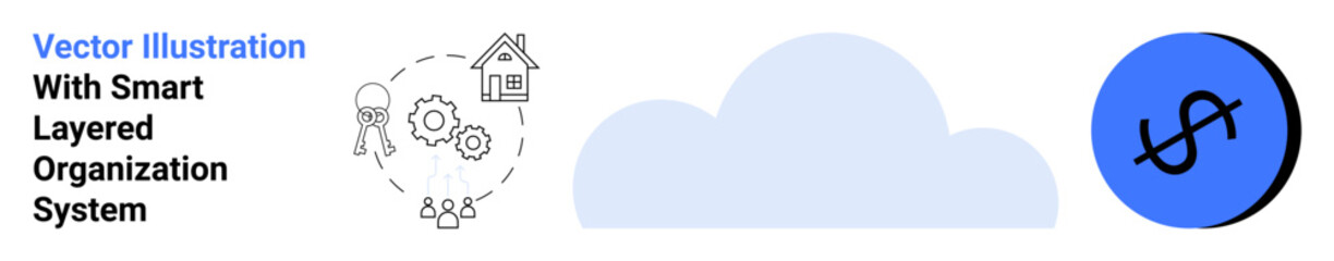 cloud icon flanked by gear and house illustrations representing organization and technology. blue ci