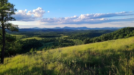 Aufkleber - Stunning panoramic view of rolling hills and mountains under a cloudy blue sky at sunset : Generative AI