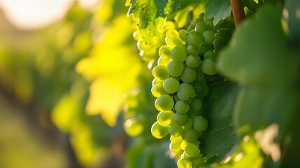 Poster - Closeup view of fresh green grapes hanging from a vine illuminated by natural sunlight in a vineyard : Generative AI