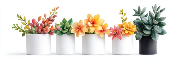 Wall Mural - Bright Indoor Plants with Colorful Petals in Minimalistic Pots