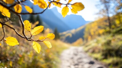 Poster - Golden autumn leaves glow vibrantly against a blurred backdrop of mountains and sunny skies : Generative AI