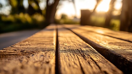 Aufkleber - Beautiful Rustic Wooden Table Bathed in Warm Golden Sunset Light : Generative AI