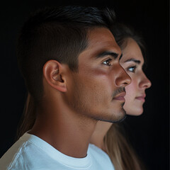 Wall Mural - photograph of the face of a 25-year-old Mexican man and woman in profile with a white t-shirt