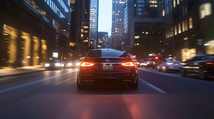 Poster - Dynamic urban scene capturing the rear view of a sleek car driving through city streets at dusk : Generative AI
